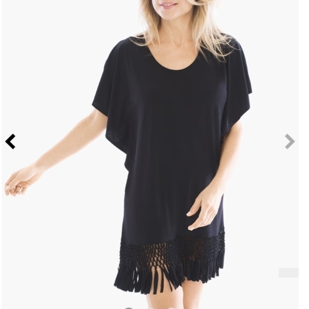 Dotti Womens Mini Dress Braided Fringe Hem Scoop Neck Black Cover Up Tunic Sz 2X - Picture 10 of 10